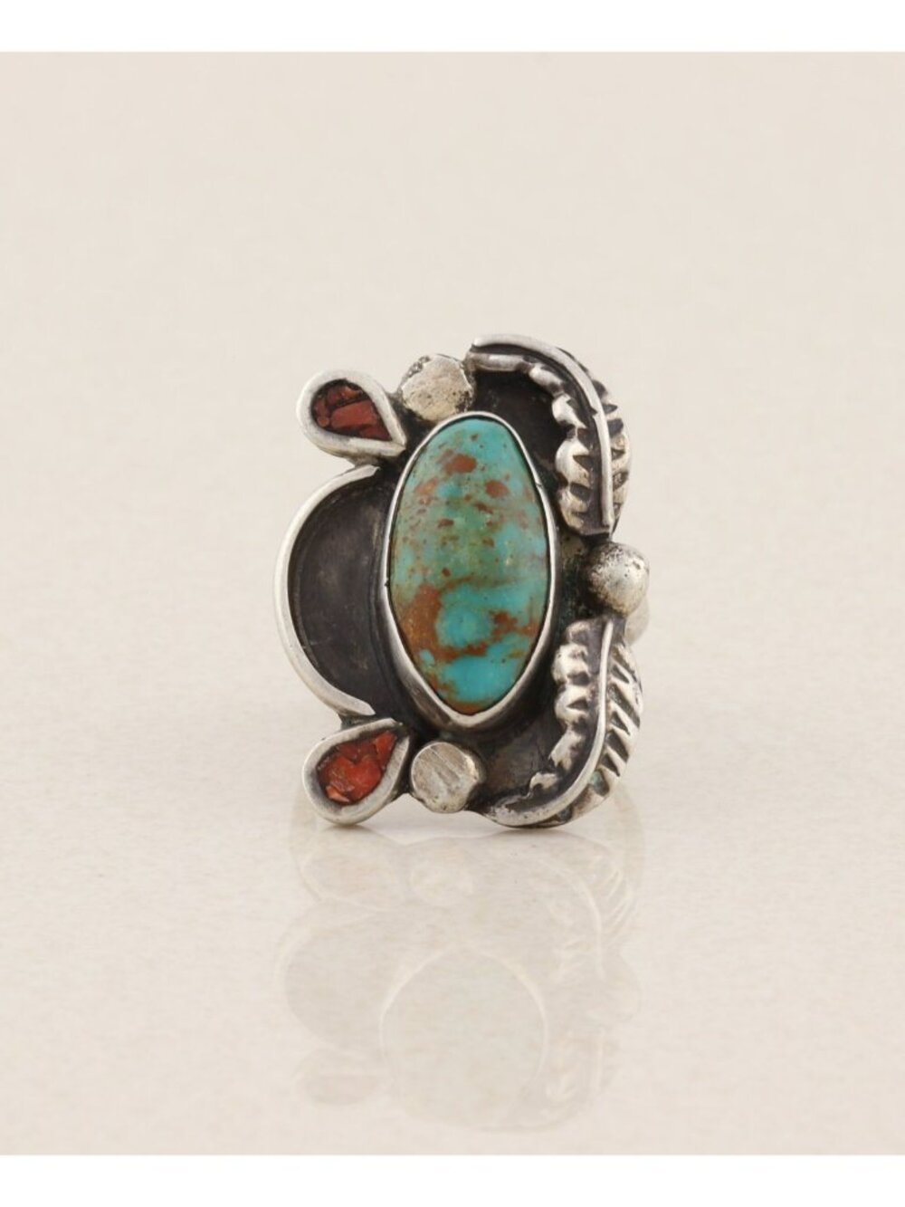 Sterling Silver Natural Turquoise & Coral Ring Size 7 1/2